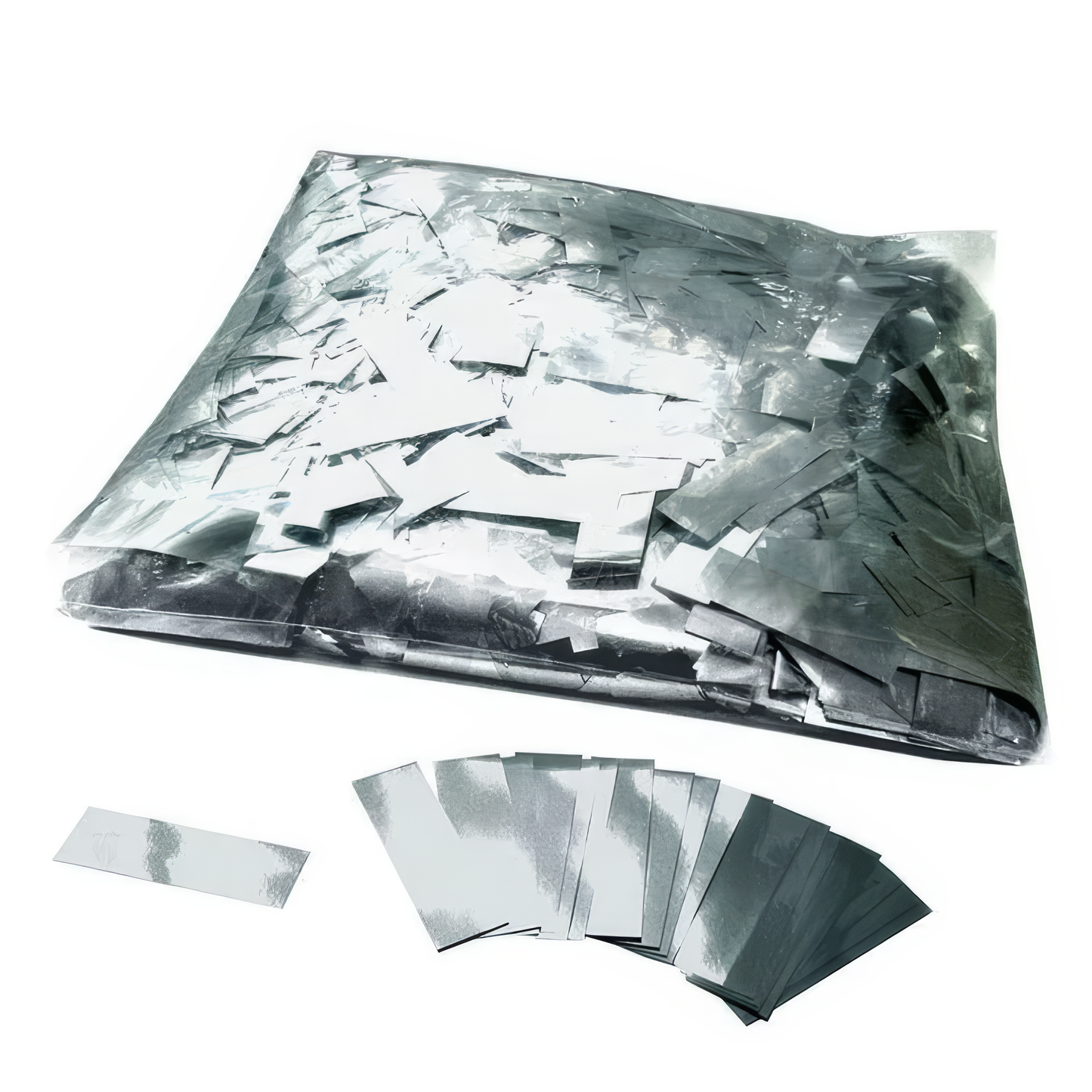 Biodegradable & Flameproof Metallic Silver Confetti – 55x17mm Rectangles | 1kg Bag